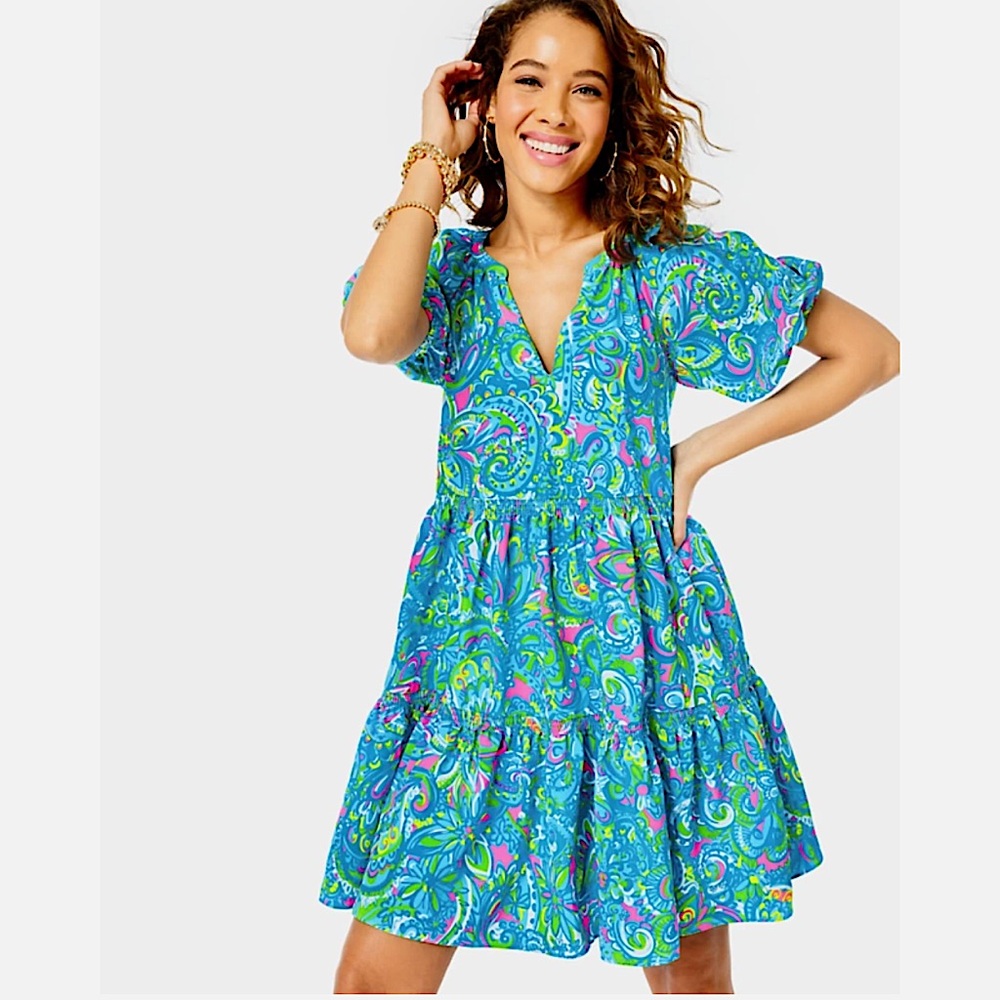 NWT Lilly Pulitzer Shannon short sleeve tiered dress seabreeze blue size XL